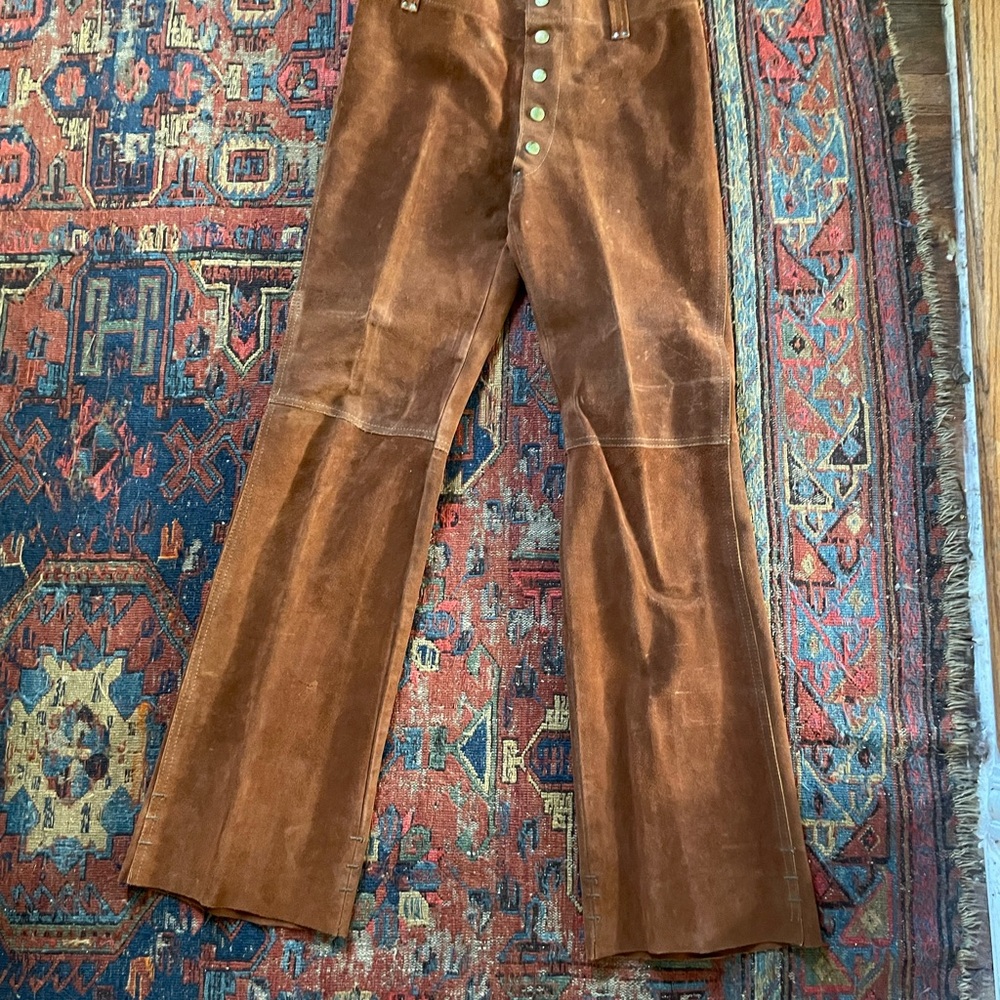 Brown Suede Jeans 1970s Snap Fly Flare Leg High Rise
